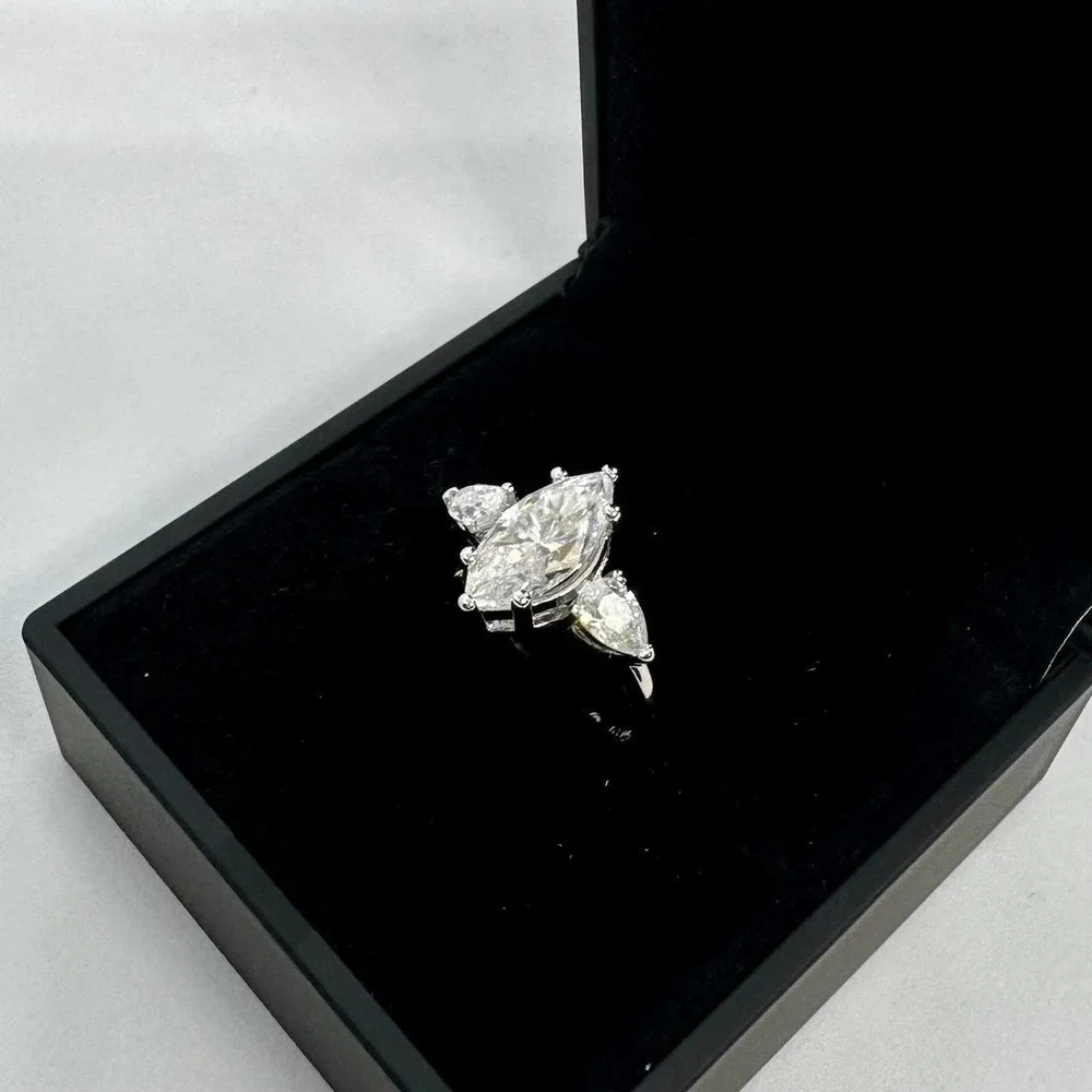 Marquis Cut Moissanite Diamond Ring Three Stone Wedding Anniversary Ring 18K 925